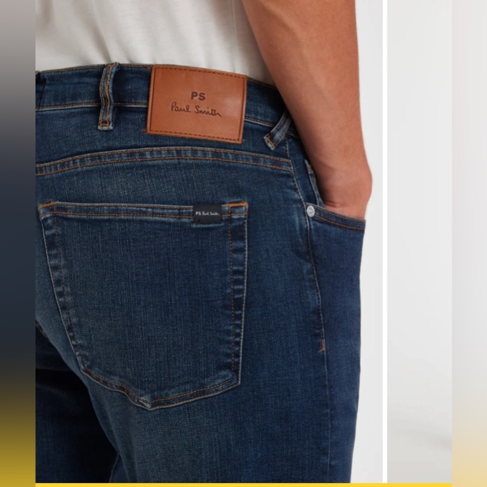 Paul Smith Men's Straight Jeans in Dark Blue Denim with Tan Leather Patch